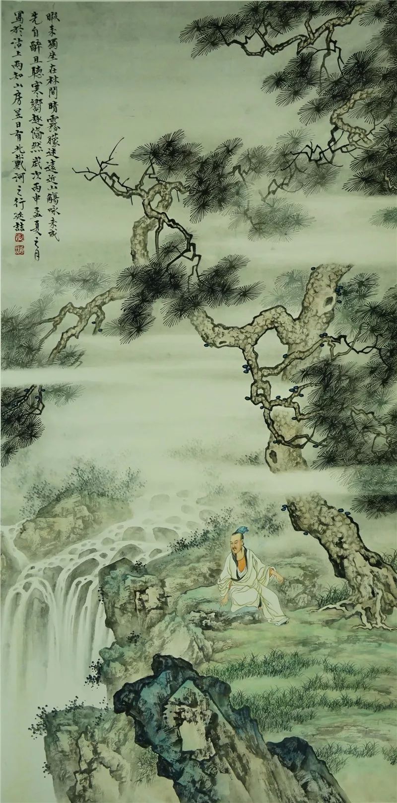 松下听泉图 何延喆万峰深处有流泉 张晓责擬古山水画