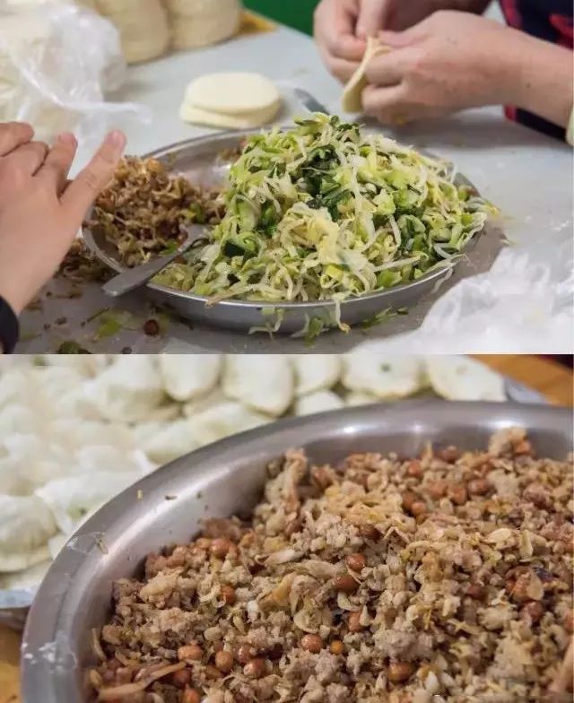 冬节鸽馅料丰富:豆芽,高丽菜,韭菜,鱿鱼丝,肉沫,虾干,炸花生米…菜茶