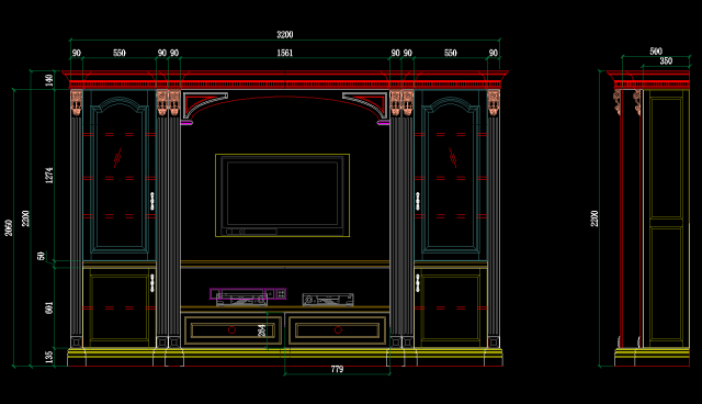 cad电视墙平面图画法图片