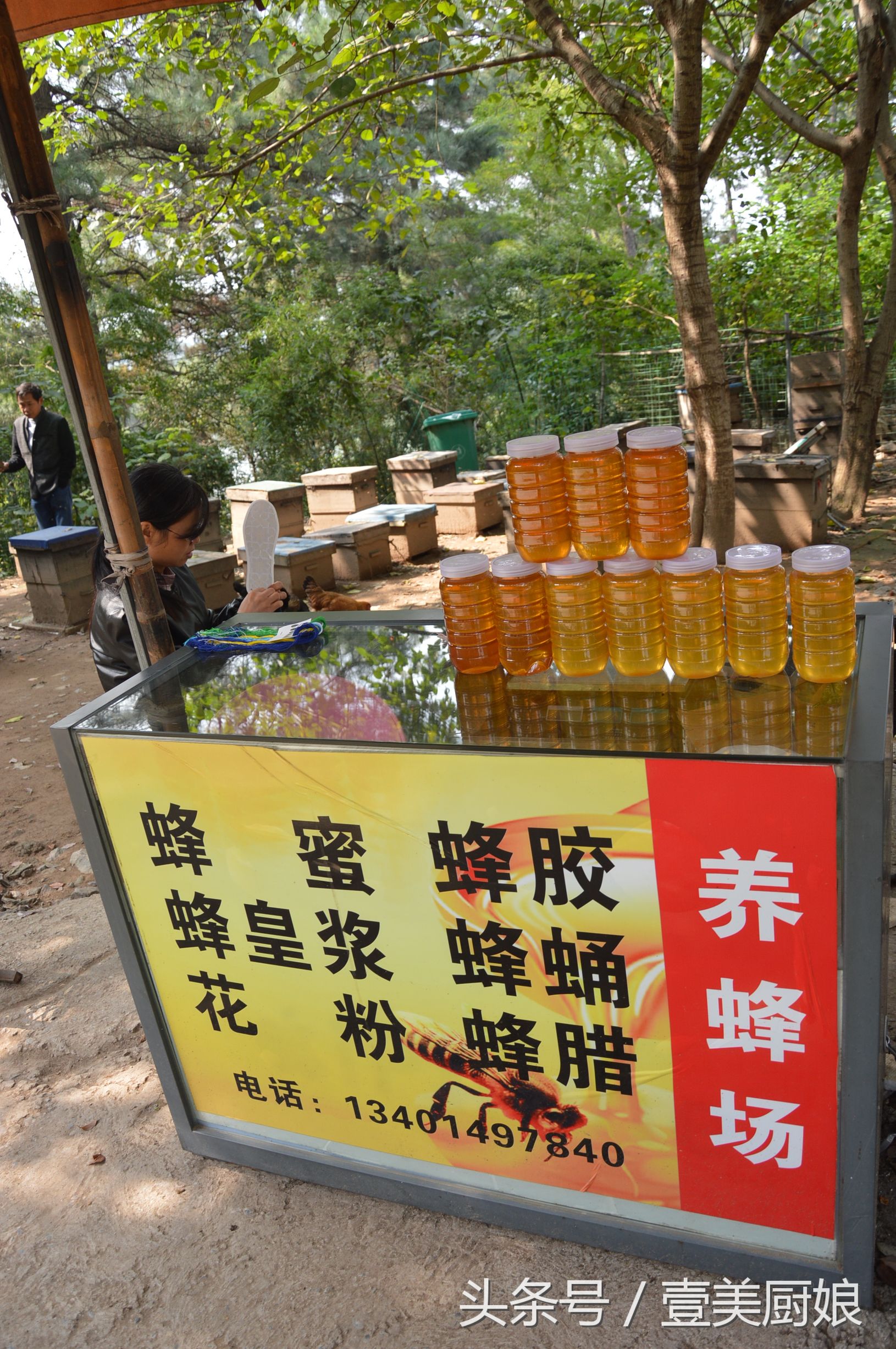 这家卖的蜂蜜蜂胶等蜜蜂产品,看的人多买的少土鸡就在林地里走动