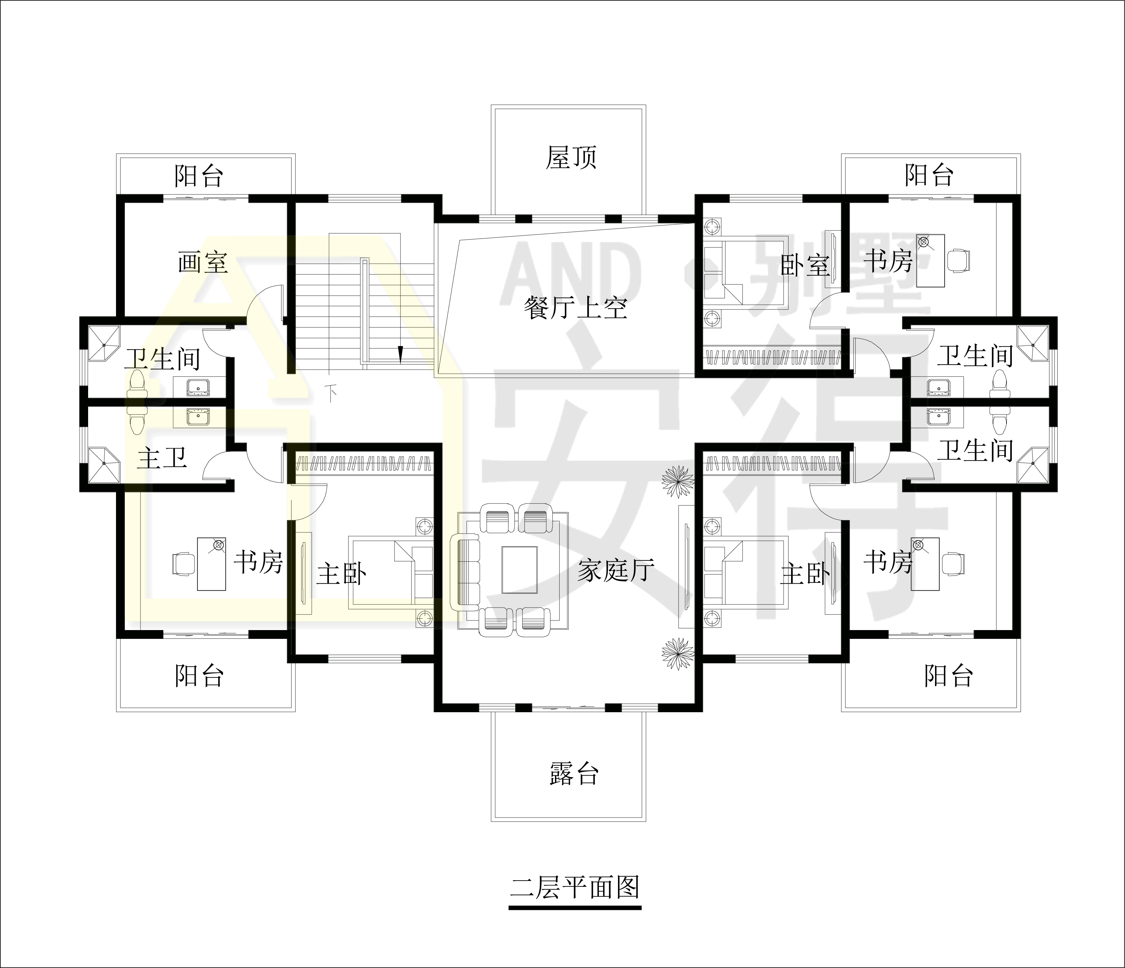 二層平面圖:寬敞家庭廳,一家人可在樓上看看電視,聊聊天,私密性更強.