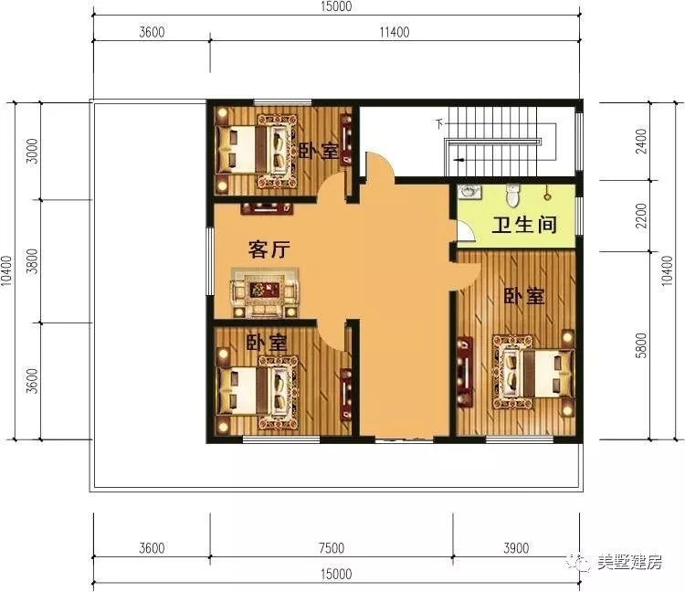 二層平面圖:設有三臥室,客廳,衛生間款式三俯瞰圖側後視圖基本信息