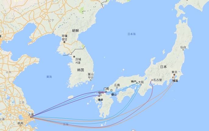 新泛亚中日上海线共12组航线产品,满足客户的各种需求:地区航线代码挂