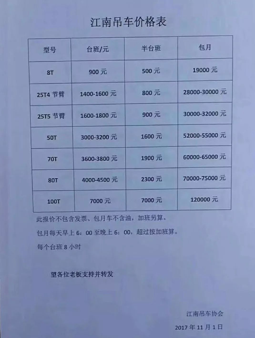 南京吊车协会发布了最新吊车指导价格一时间传遍了大街小巷在南京吊装