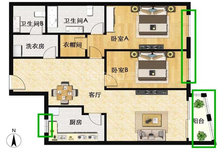 朝向優缺點 優點:戶型動靜分區,乾溼分離,主臥,次臥,客廳都有東向窗