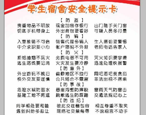 学生宿舍安全提示卡在校内,我们经常出入的无非是宿舍,课室,饭堂,而