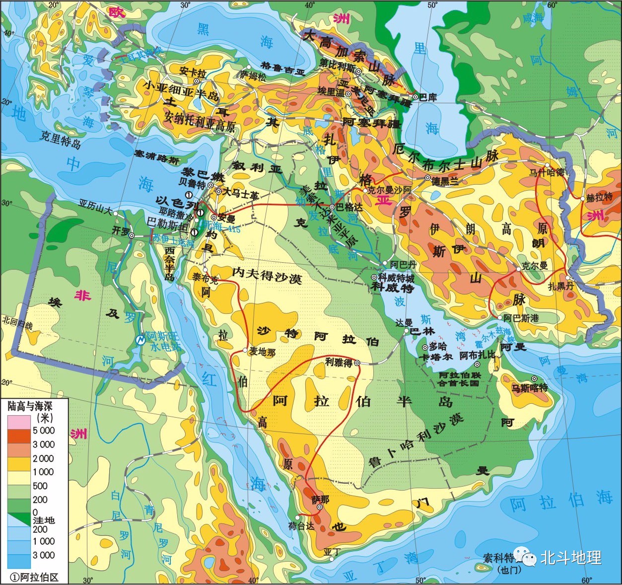 地形(2) 中东是两洋,三洲,五海之地,位于黑海,地中海,红海,阿拉伯海