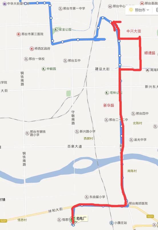 19路:由老電廠發車,按原路線行駛至邯鄲路口後,沿新華路(向北)