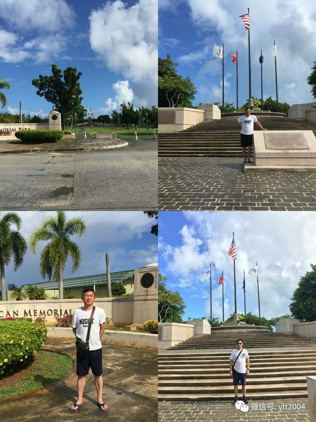 塞班岛美国纪念公园中央以蔚蓝的天空为背景竖立着国旗及纪念塔