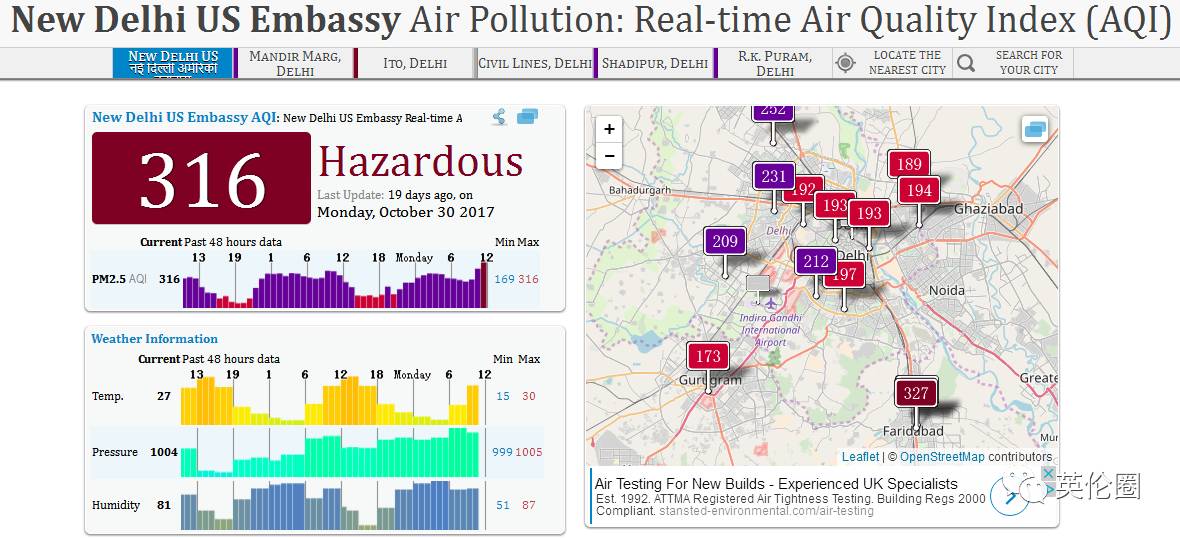 (图片截取自美国驻印度大使馆和领事馆空气质量监测所官方网站) 要