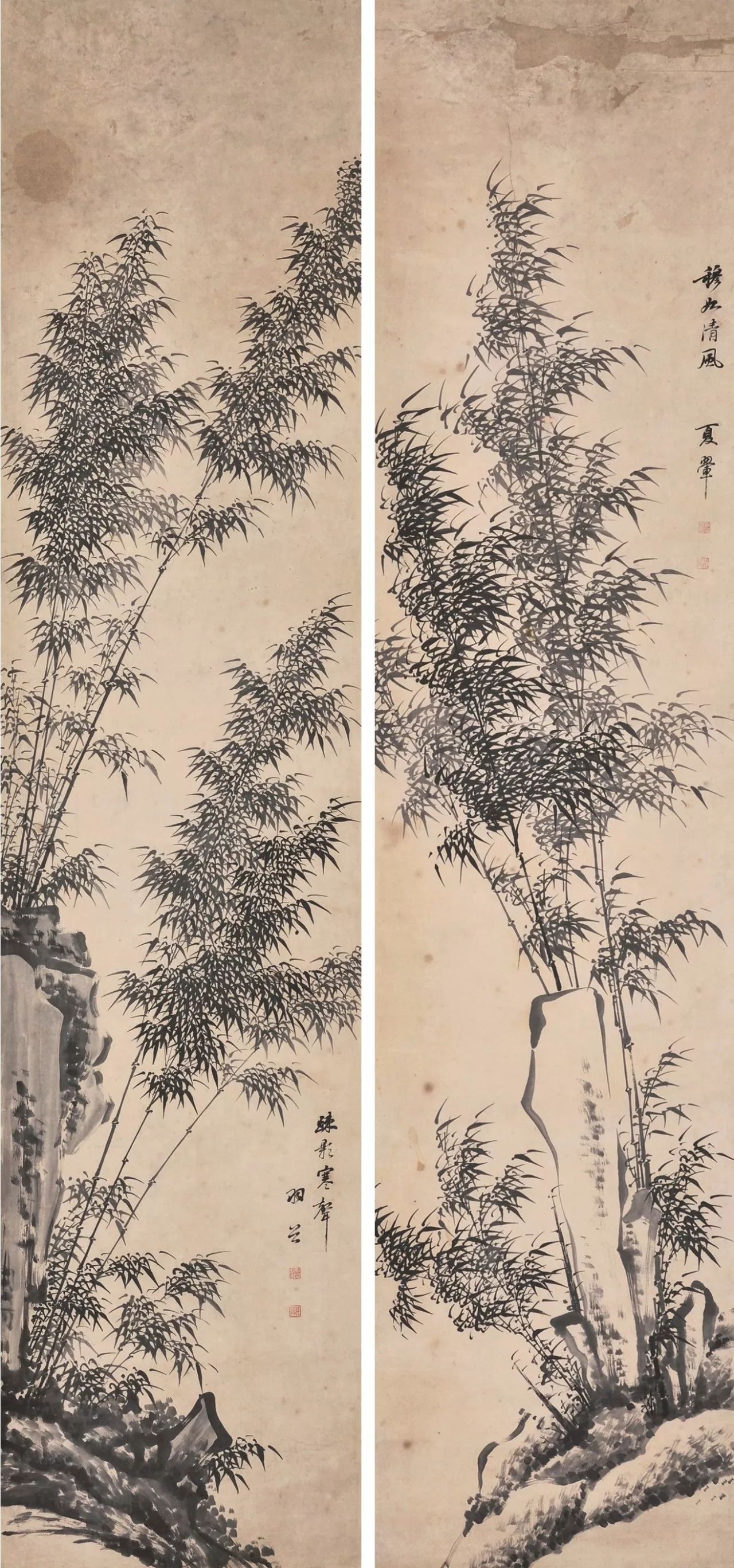 夏翚 墨竹对屏水墨纸本立轴133.8cm×30.