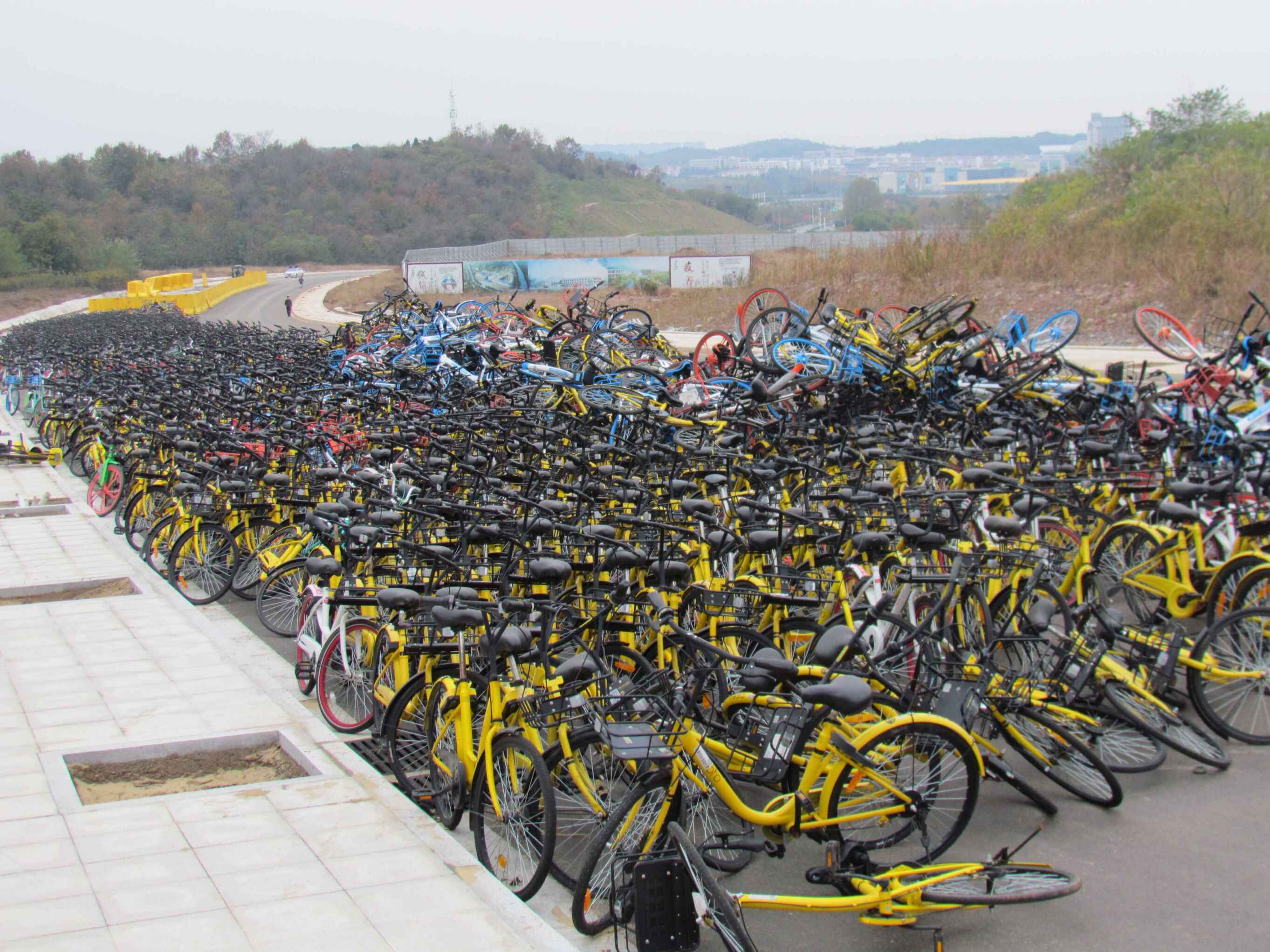 觸目驚心!南京驚現共享單車墳場,單車密密麻麻堆佔用道路!