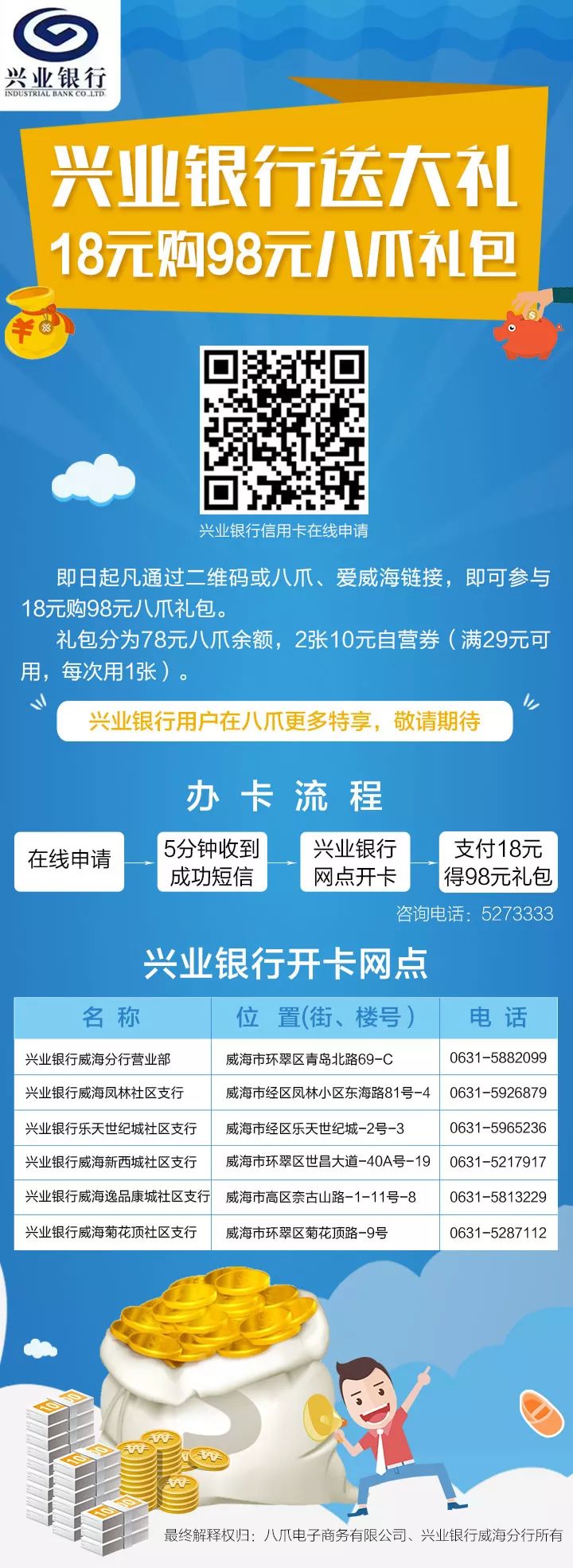 98元八爪【余额 卡劵】礼包信用卡开卡后凭短信至兴业银行任一网点