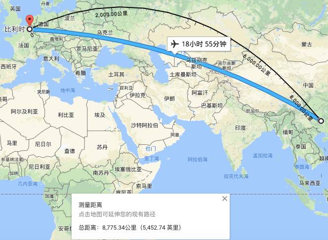 我在比利时,距离中国荔波8,77534公里