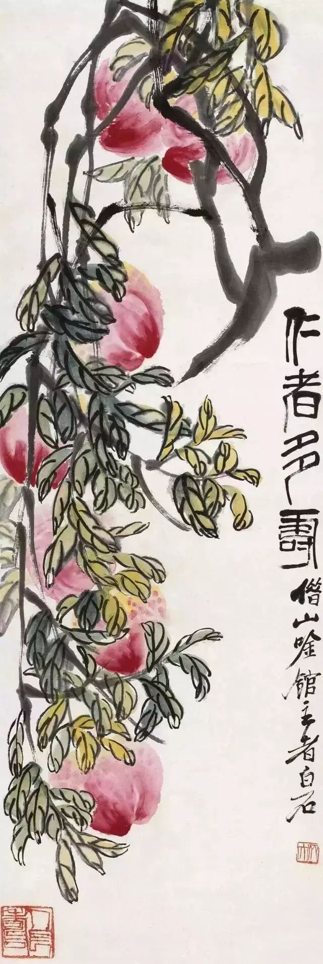 桃子,柿子,蘿蔔,白菜,竹筍,絲瓜,菌子,辣椒,南瓜等等,這些都是齊白石