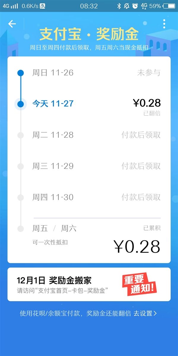 支付宝奖励金12月1日“搬家” 卡包要火？
