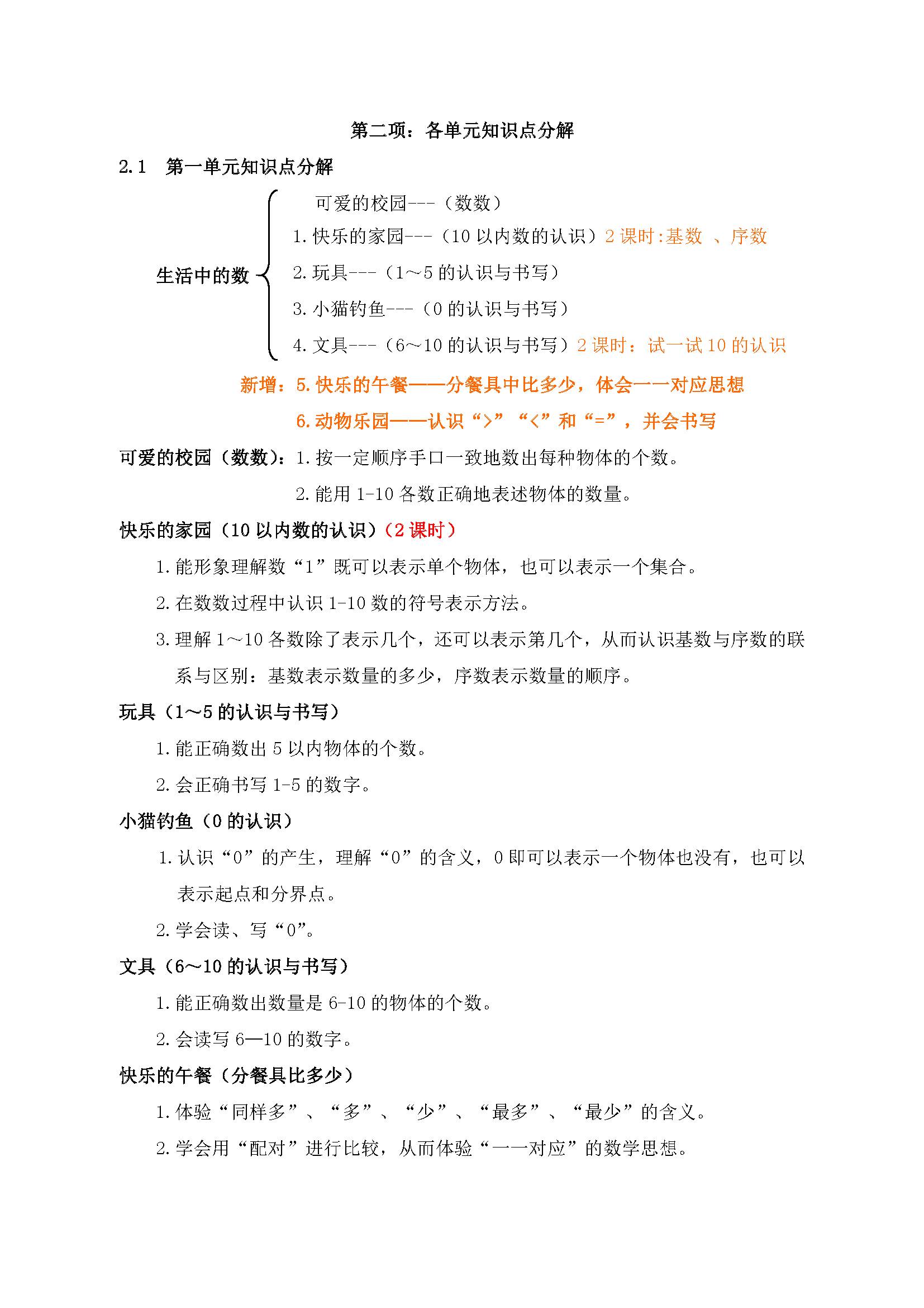 北师大版小学数学一年级上册知识点归纳