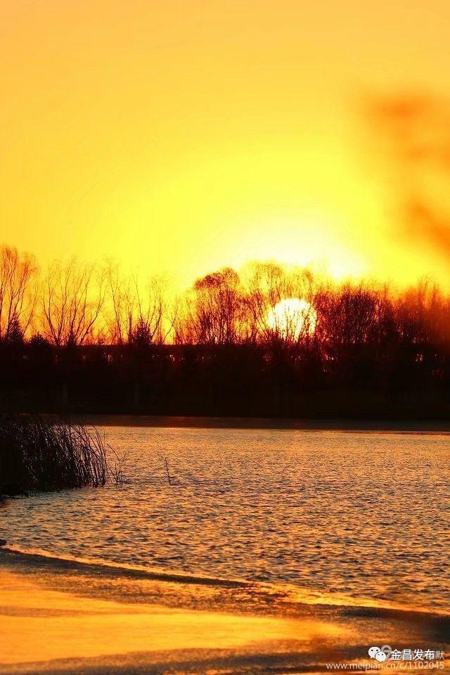 日出斗金的淡水湖图片