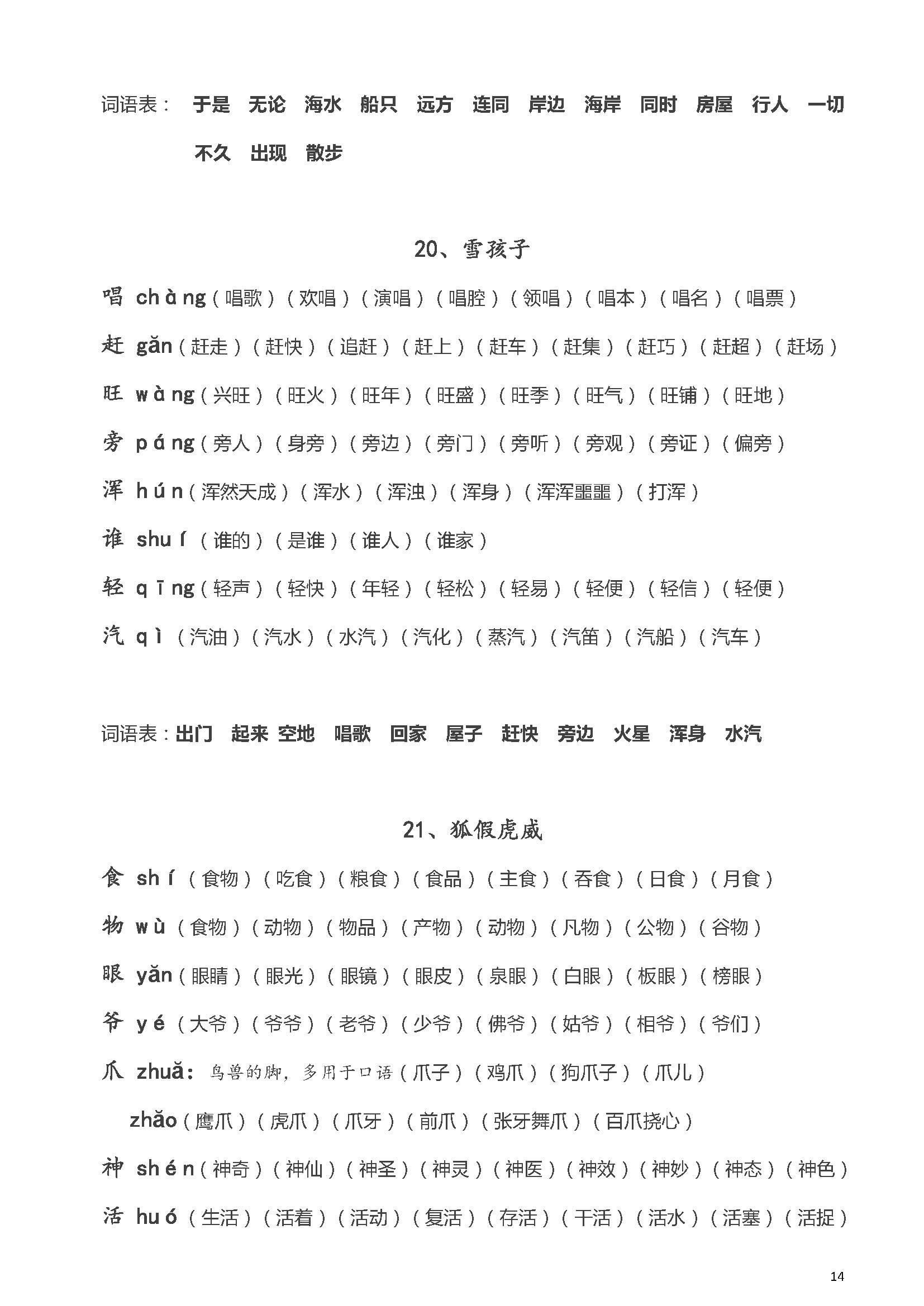 二年級語文上冊生字拼音組詞(打印下載版)