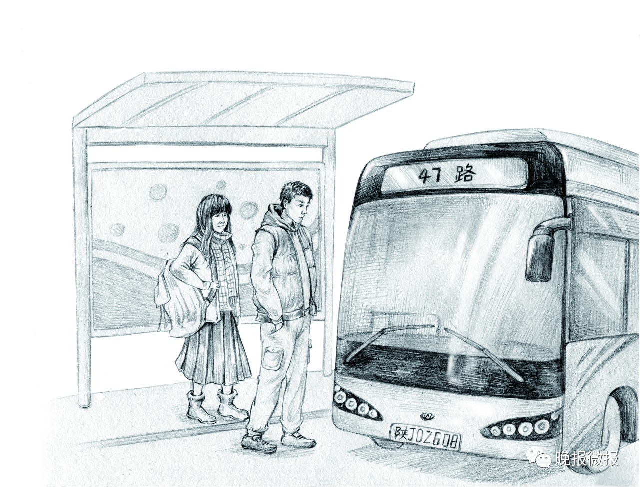 公交车站素描图片