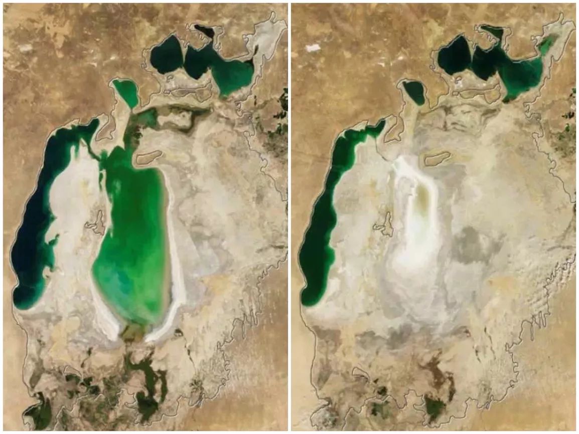 2009年,东部消失(右)截止到2014年,咸海的面积较鼎盛时期萎缩了74%,其