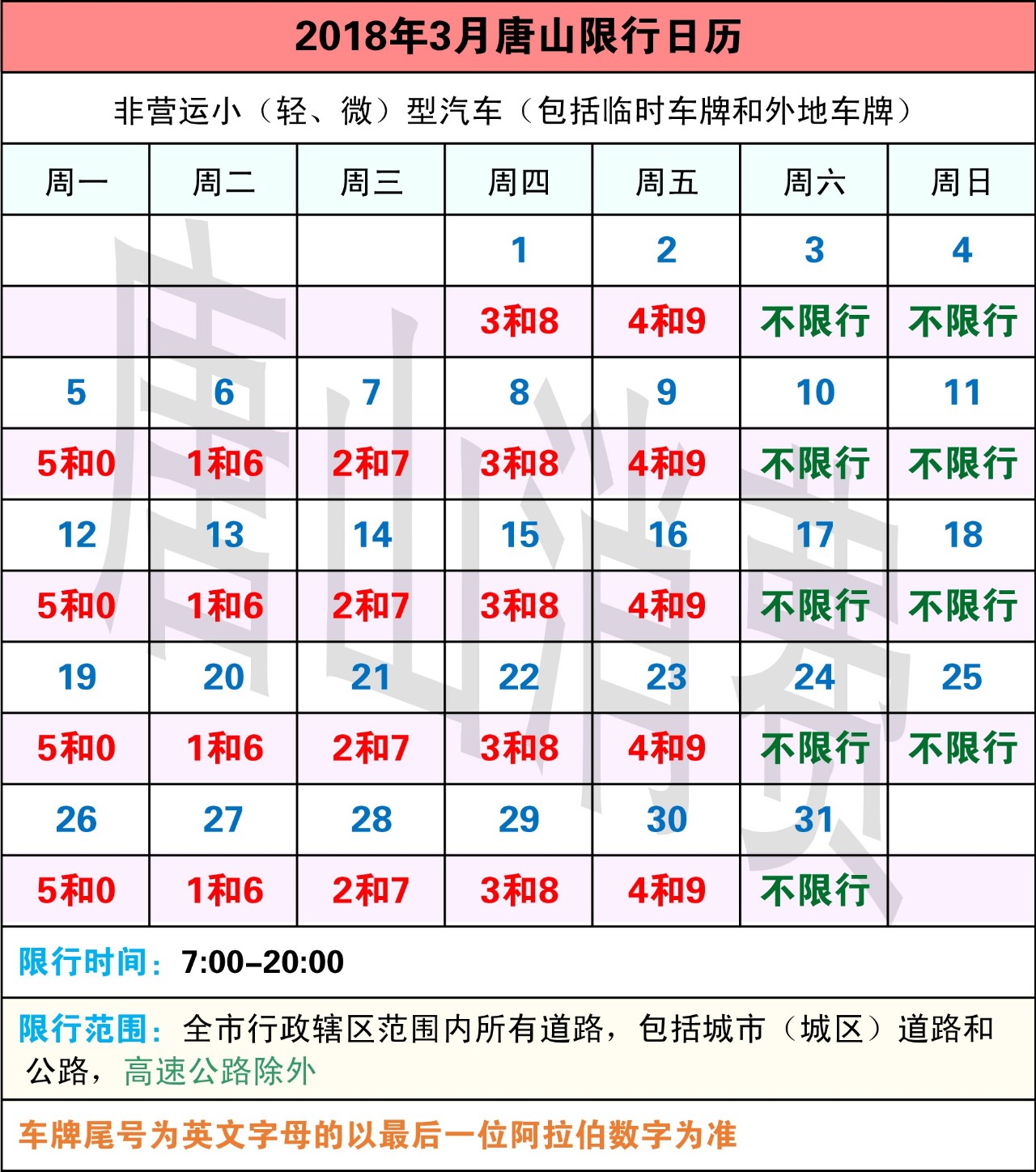 2018年唐山限行有重大調整!【內附完整日曆】