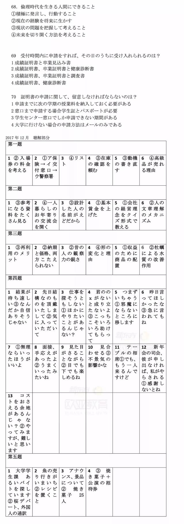 日语能力考试 Jlpt 答案解析回忆版 附17年12月原题