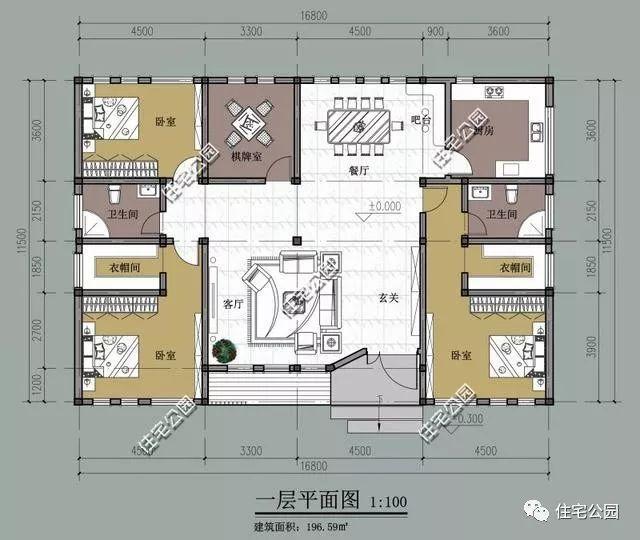 戶型二: 第二套戶型佔地16x11米,三間臥室,其中兩間都是套間設計,棋牌