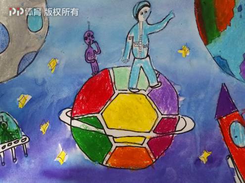 以上两幅画以中国足球为主题,简单的构图,丰富的色彩,他们的足球梦是