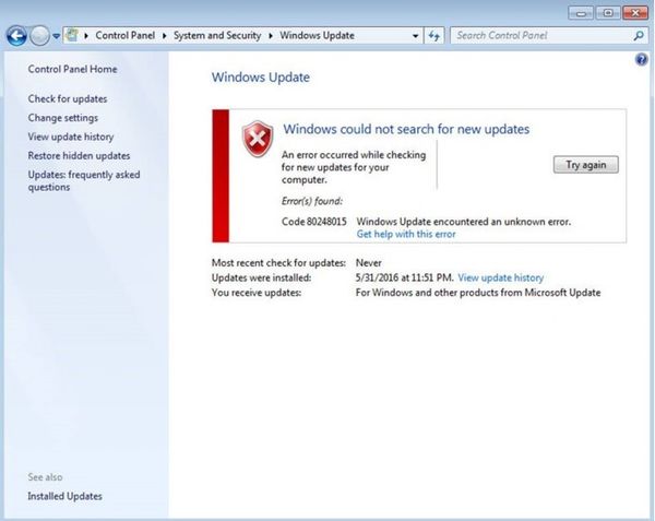 Windows 7更新出Error 80248015错误