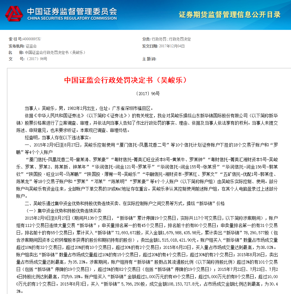 悲催的牛散:操纵股价亏损1.78亿 遭证监会罚款100万