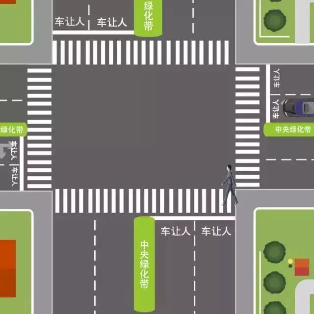 道路中央有绿化隔离带,当行人未跨越图中绿化带虚拟延长线,②车道上的