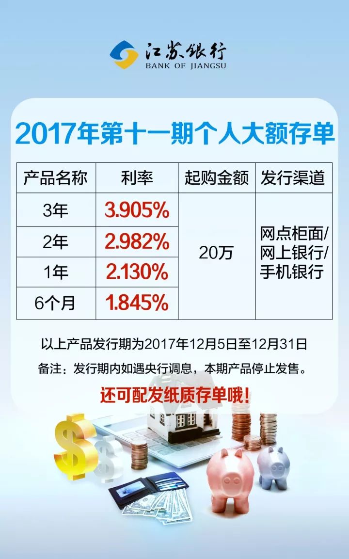 江蘇銀行535486530理財也是重要的事2017年第十一期個人大額存單3年