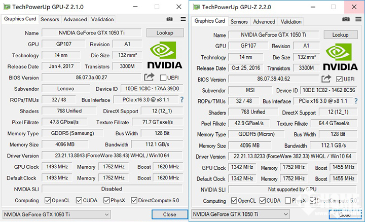 1050ti飙风和联想拯救者采用的gtx 1050ti的gpu-z对比,从