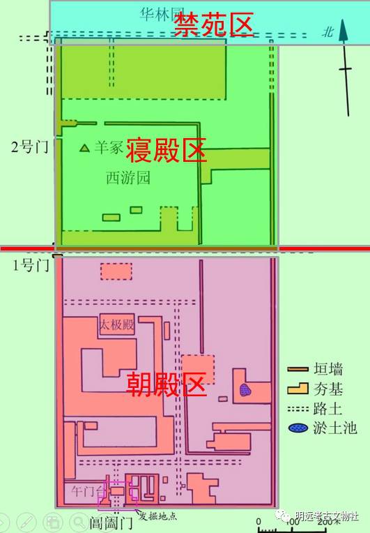 20世纪60年代初期北魏宫城勘探平面图1984年在太极殿四面试掘探沟四条