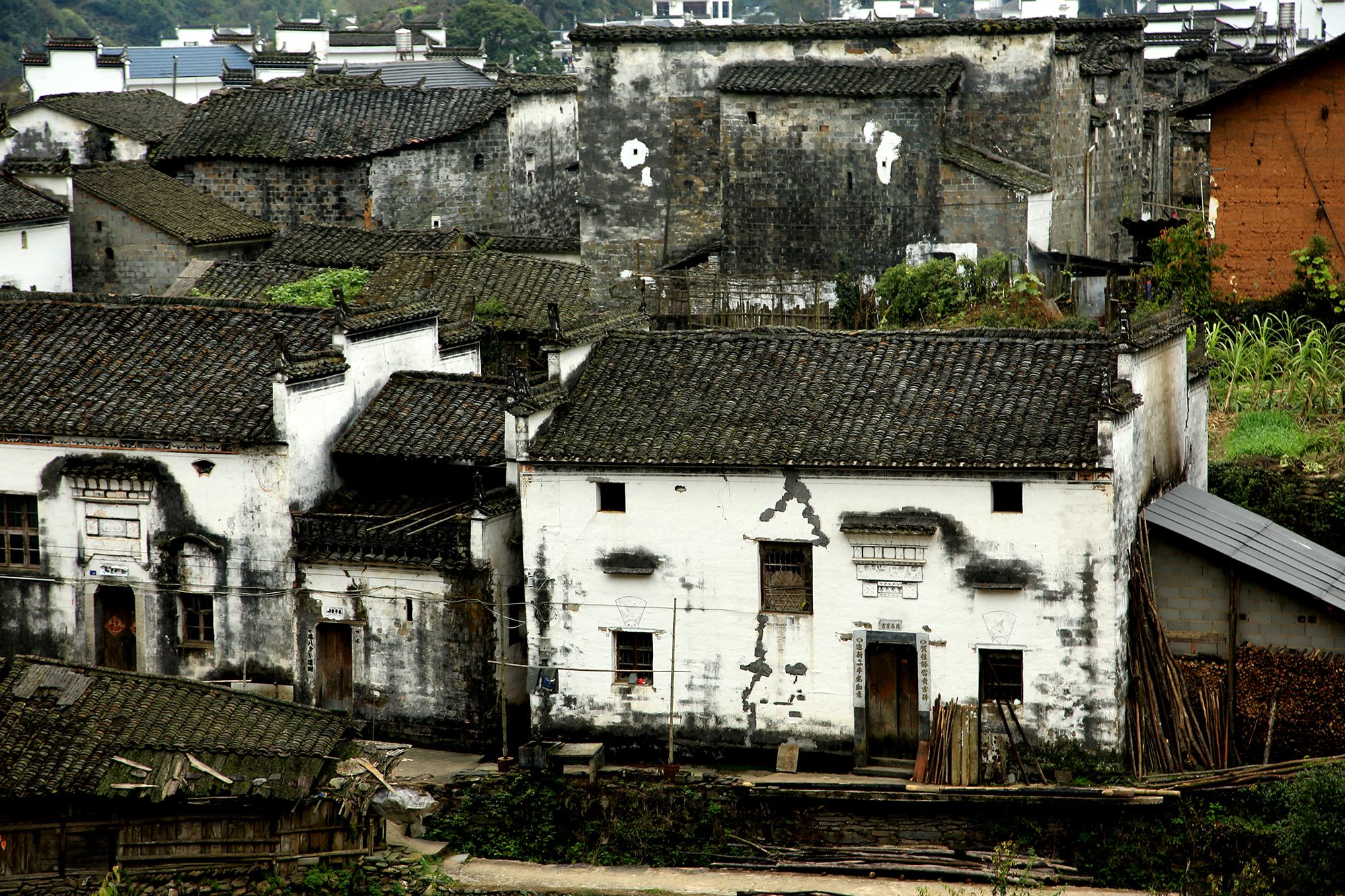 摄影:一个白墙黑瓦的村庄,典型的徽派建筑群