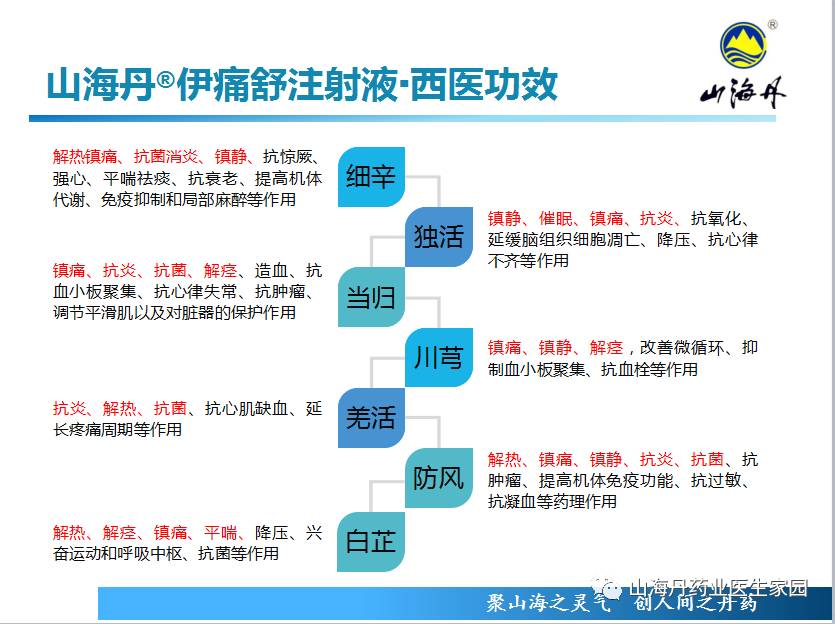 【山海丹精品-山海丹伊痛舒注射液组方中,西医药理功效分析