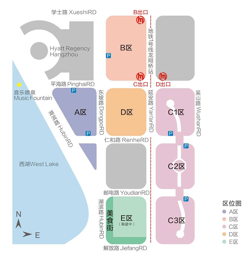 杭州湖濱銀泰in77總共分為a,b,c,d,e(籌備中,2018年開業)區塊,在d區