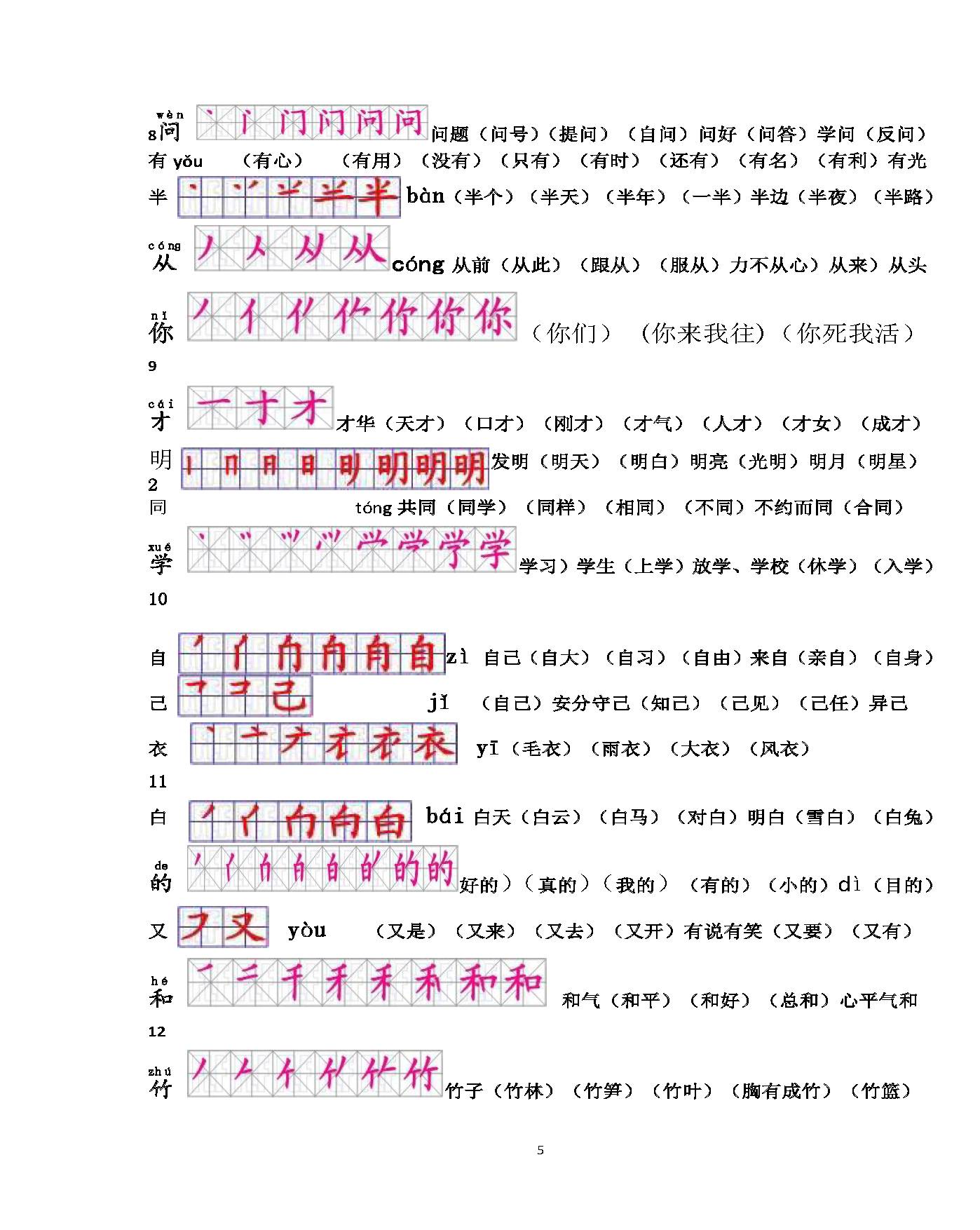 新人教版一年級上冊寫字表筆順及組詞整理完