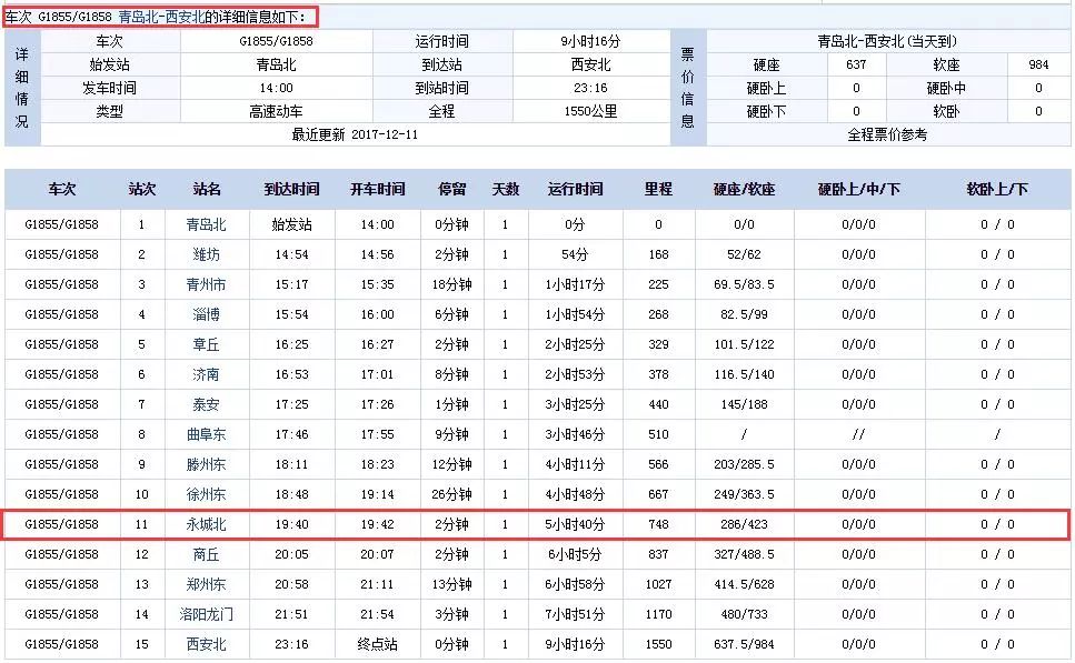 車次g1847/1850 煙臺—長沙