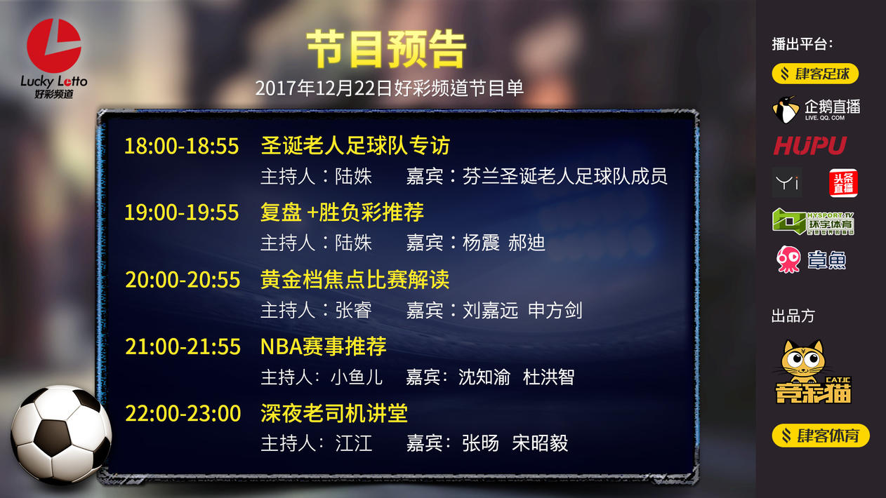 19:00-19:55,主持人陸姝和嘉賓楊震,郝迪覆盤賽事,以及勝負彩推薦.