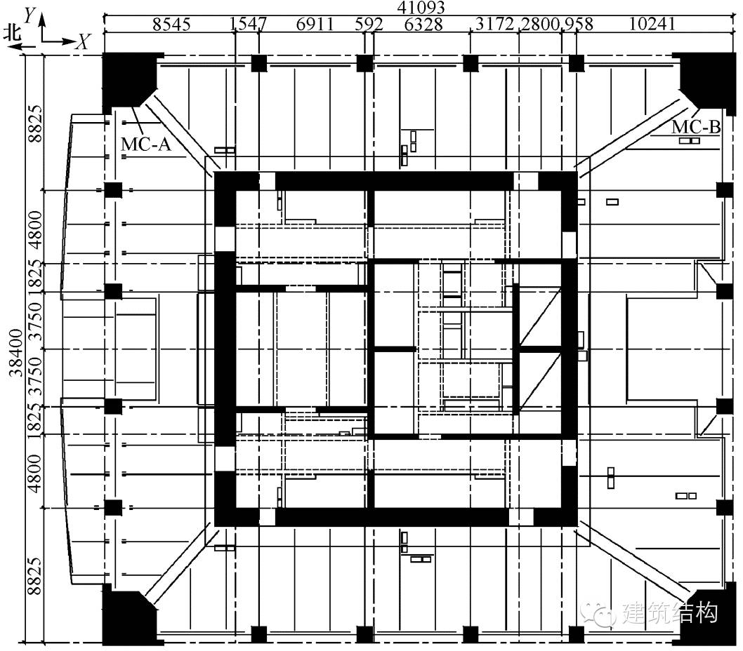 两栋塔楼核心筒和结构平面布置对称,塔楼底部平面尺寸约为38m×38m,其