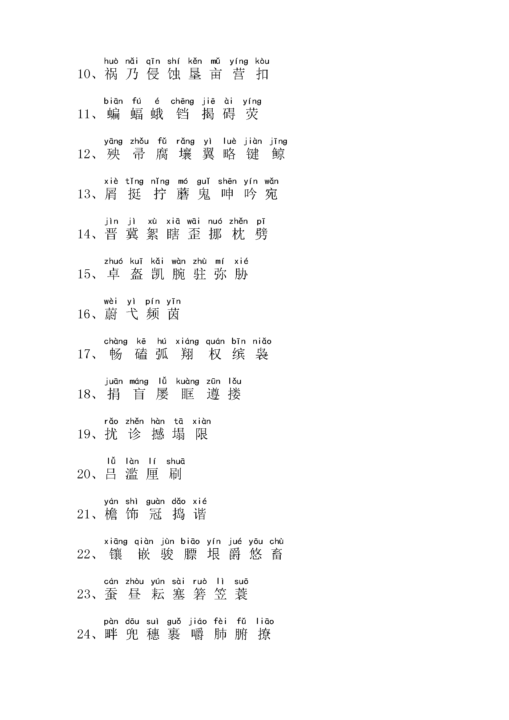 小学四年级语文生字表上下册