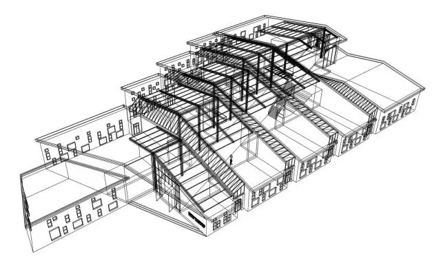 实践基地透视模型↑)1 金属压型夹芯钢板屋面2 c 型钢檩条3 工字钢梁4