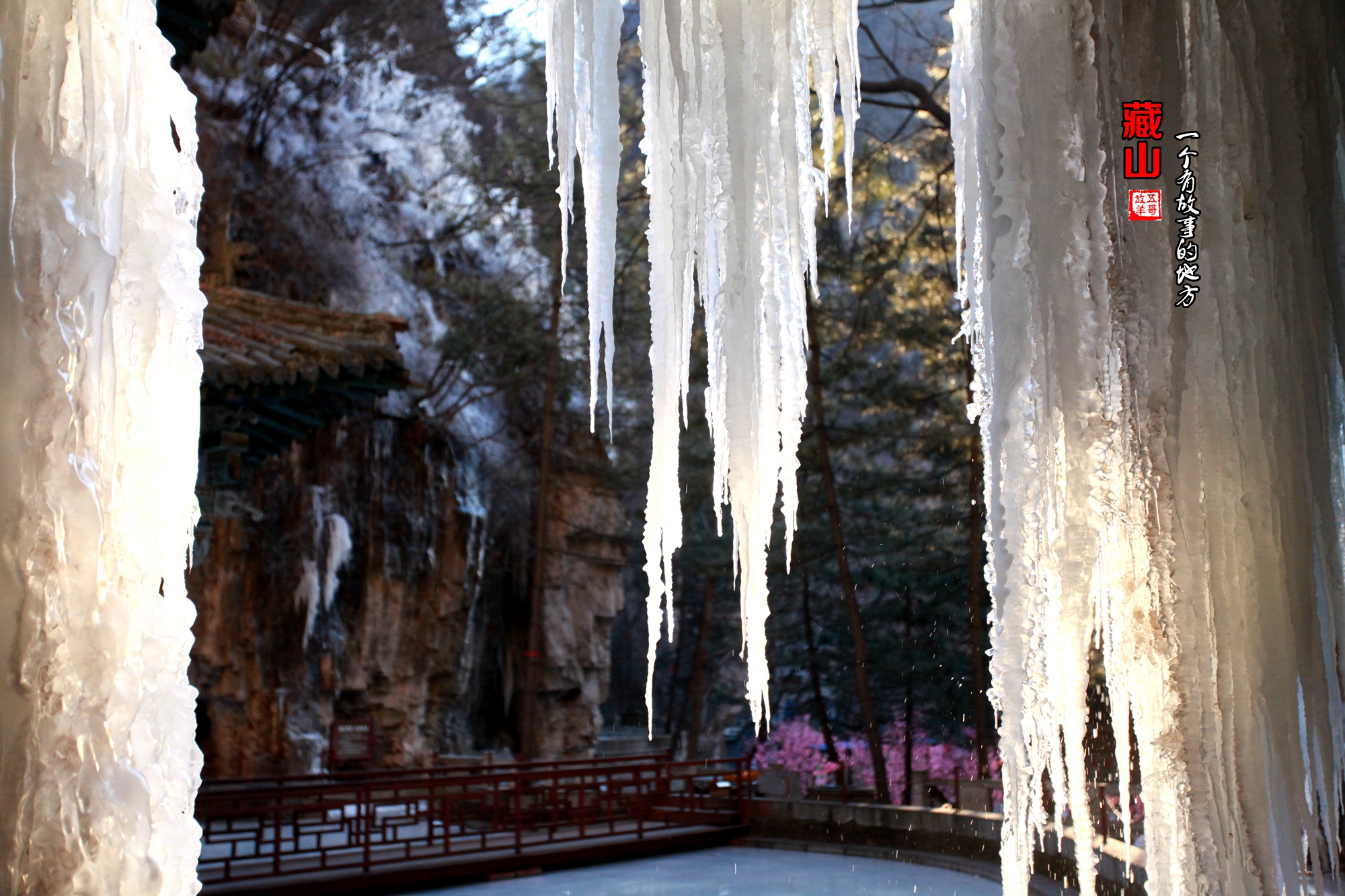 山西盂县藏山冬日美景,滴水岩冰瀑出现奇光