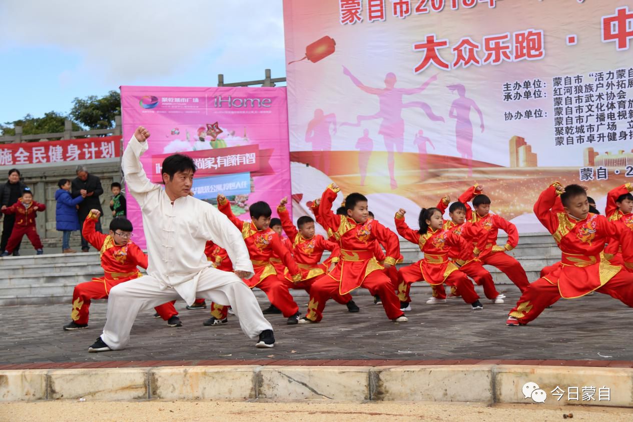 少年武术基本功,基本套路,武术搏击操,以及武术综合套路表演,由蒙自市