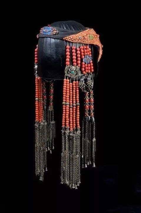 蒙古族传统珊瑚头饰,纯银嵌珊瑚