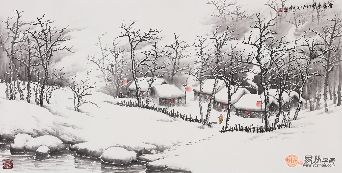 吴大恺精心力作国画雪景山水画《雪蕴乡情》作品出自:易从网