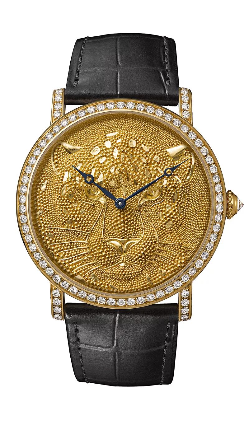 卡地亚rotonde de cartier猎豹装饰手表金属雕刻盘面上的金雕工艺基本