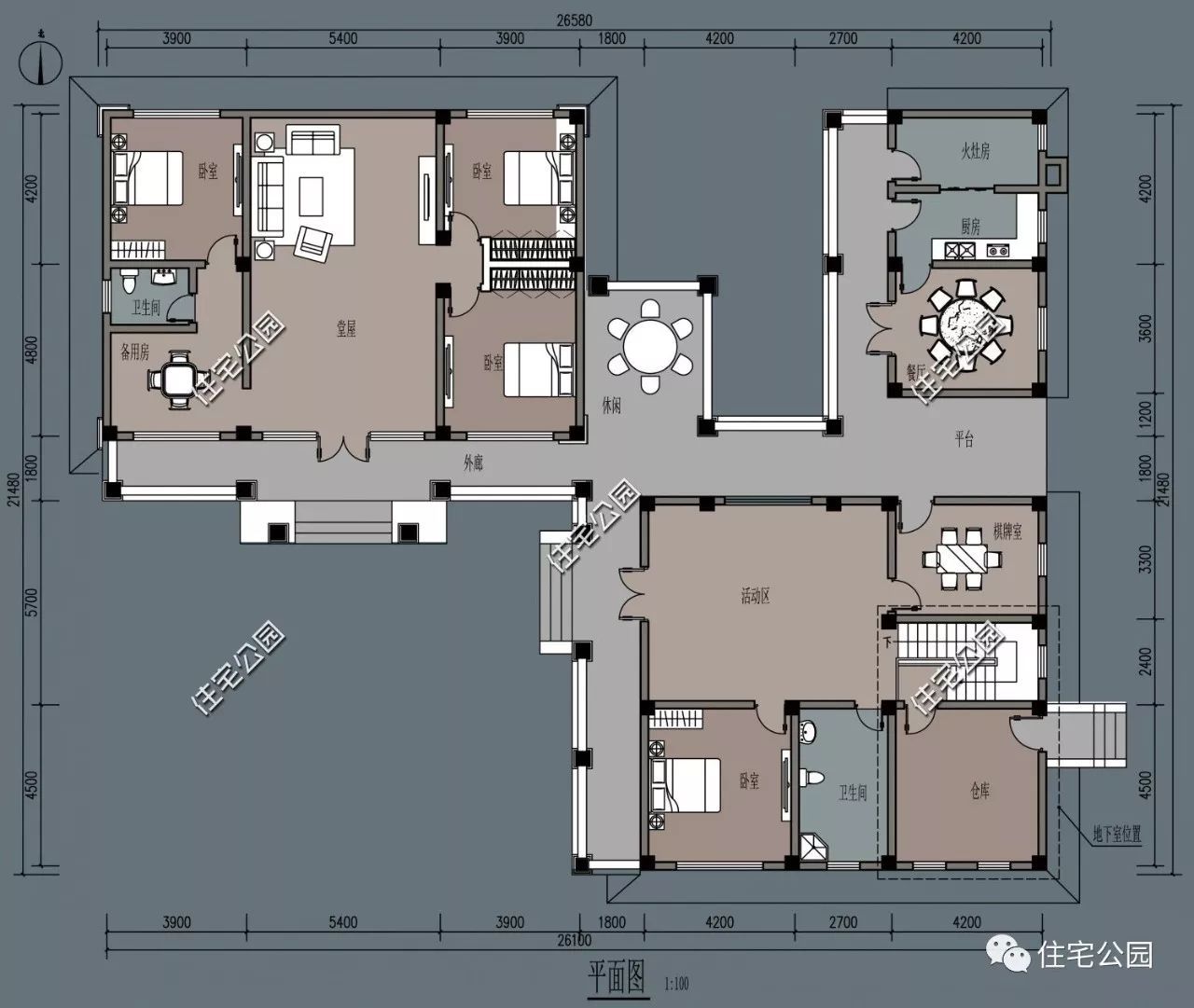 堂屋獨立廚房火灶房21x26米異形平層別墅全圖視頻展示